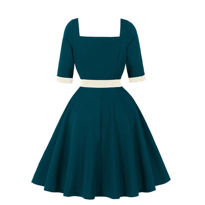 Women's 1950s Contrast Sweetheart Neck Half Sleeve A-Line Dress