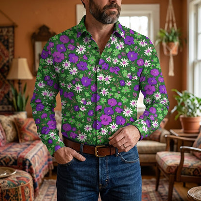 Retro 70S Vintage Floral Daisy Poppy Pattern Long Sleeves Collar Shirt