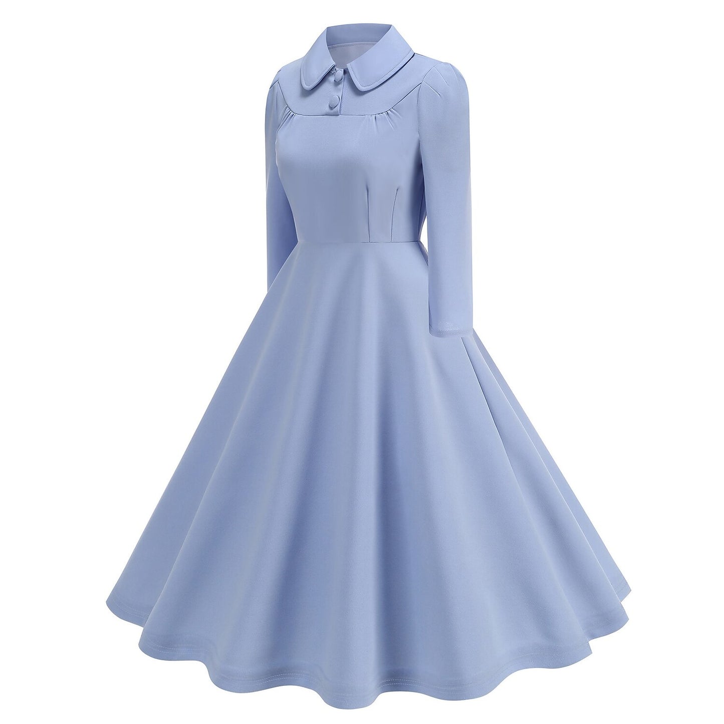Women's 1950s Solid Color Peter Pan Collar Long Sleeve Flare Dress