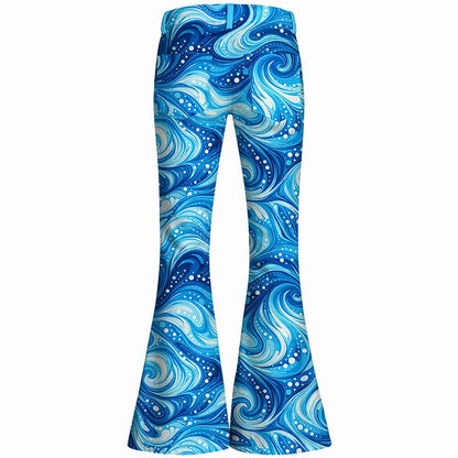 Retro 70s Swirling Waves High Waist Wide Flared Trousers