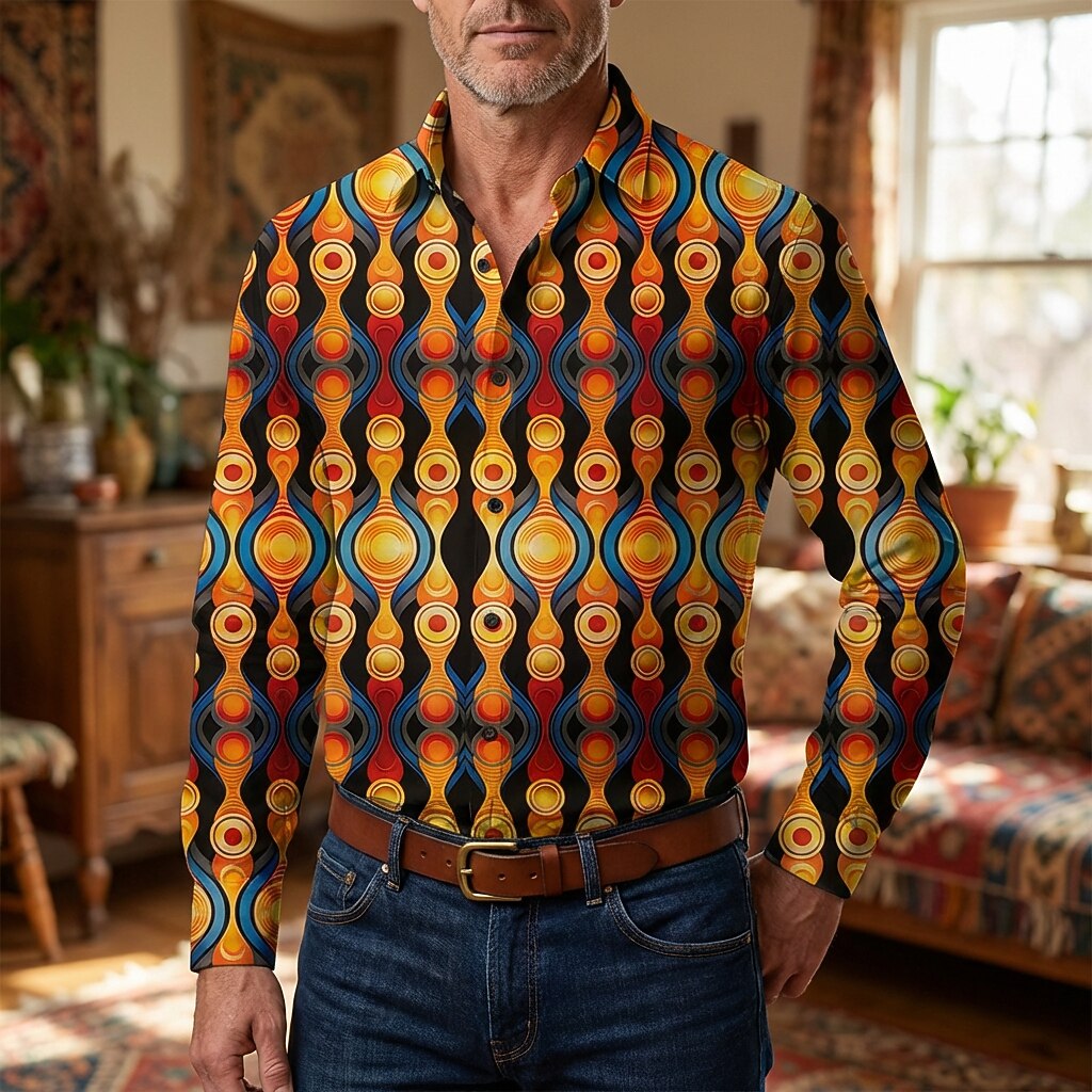 Retro 70S Abstract Geometric Teardrop Long Sleeves Collar Shirt