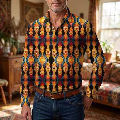 Retro 70S Abstract Geometric Teardrop Long Sleeves Collar Shirt