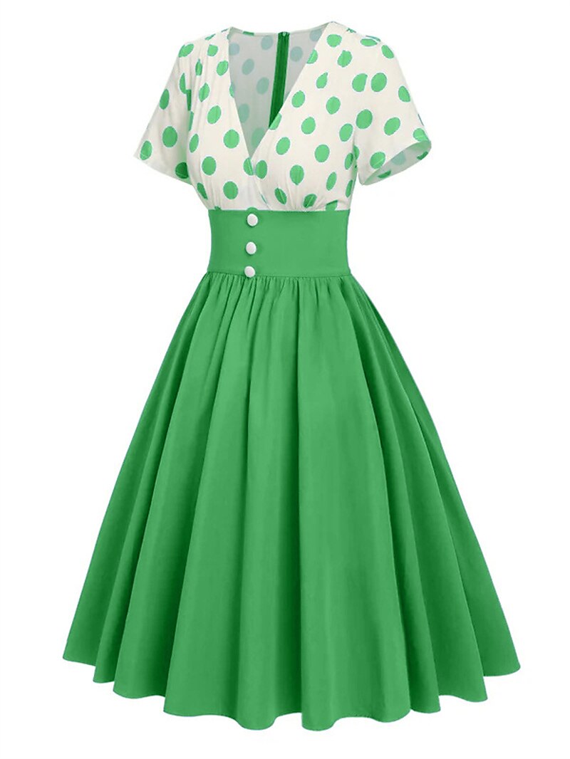 Women's 1950s Polka Dot V-Neck High Waist Swing Dress