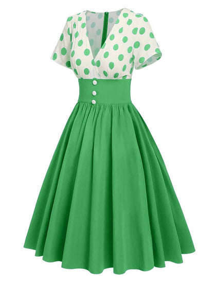 Women's 1950s Polka Dot V-Neck High Waist Swing Dress