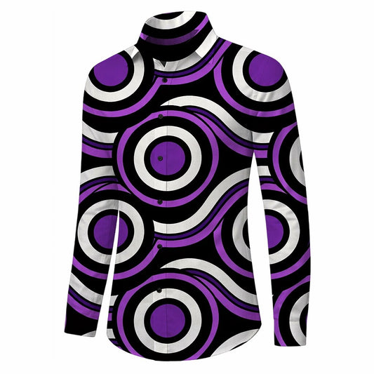 Retro 70S Op Art Wavy Circles Long Sleeves Collar Shirt