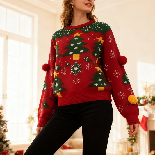 Pom-Pom Red Christmas Tree Ugly Christmas Sweater