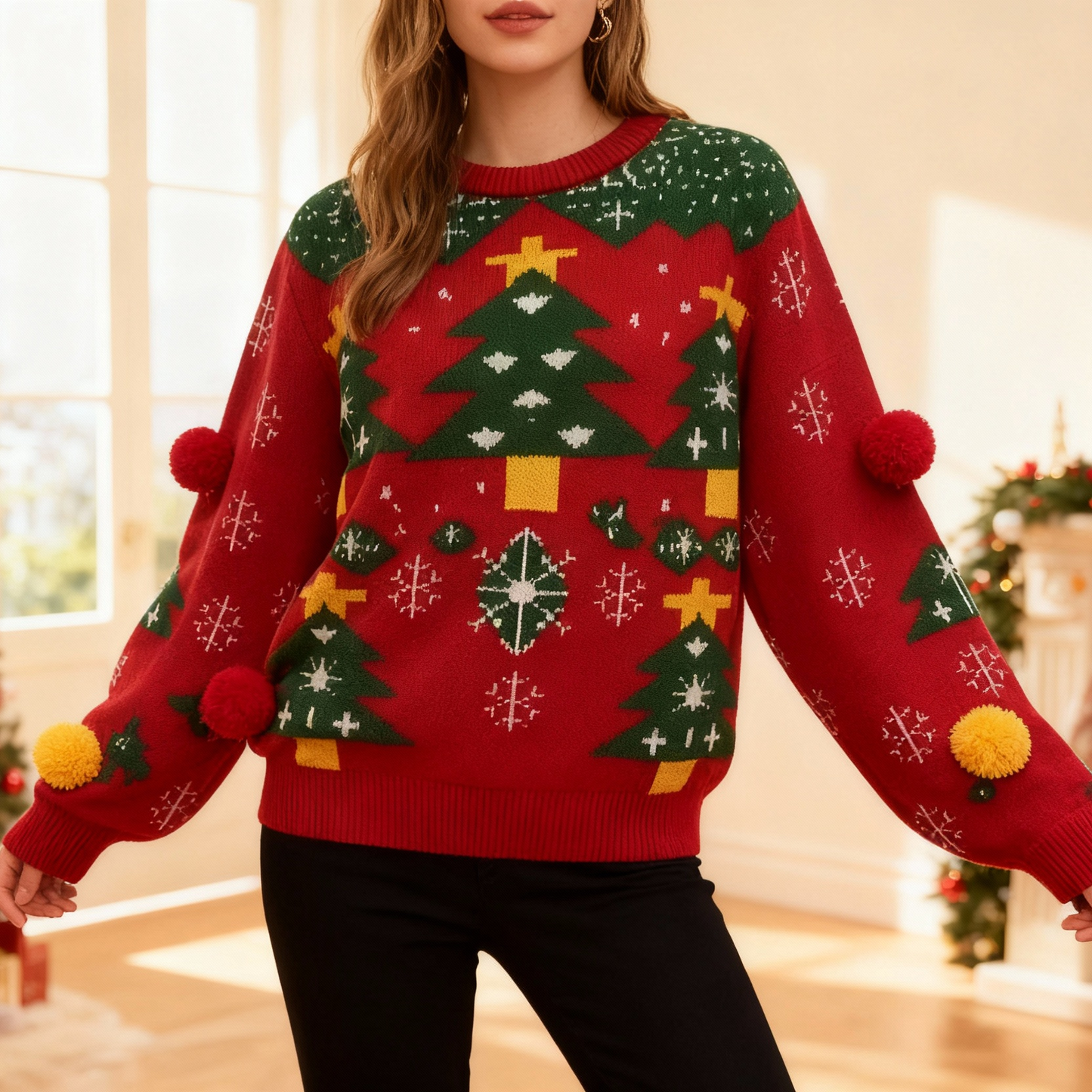 Pom-Pom Red Christmas Tree Ugly Christmas Sweater