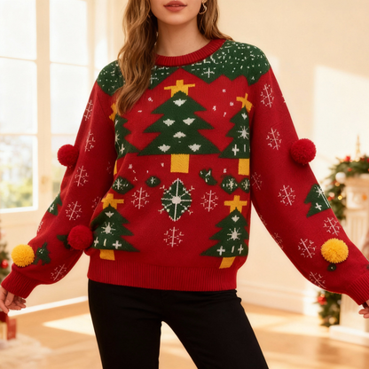 Pom-Pom Red Christmas Tree Ugly Christmas Sweater