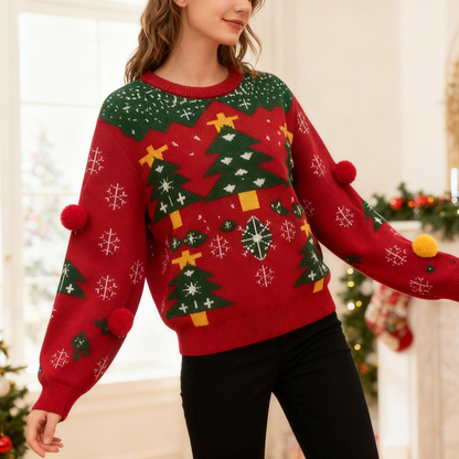 Pom-Pom Red Christmas Tree Ugly Christmas Sweater