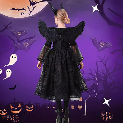 Girls Dark Fairy Witch Costume Black Lace Mesh Dress