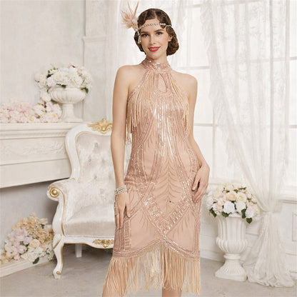 Halter Neck Sequin Flapper Dress with Art Deco Detailing