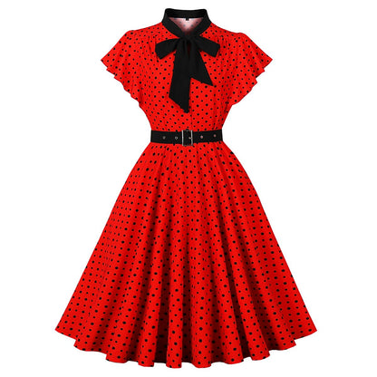 Women's 1950s Polka Dot Bow Tie Neck Short Sleeve A-Line Rockabilly Dress
