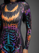 Leotard da donna di Halloween con scheletro e zucca di Halloween neon