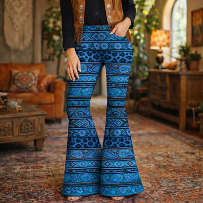 Retro 70s Bohemian Paisley High Waist Wide Flared Trousers