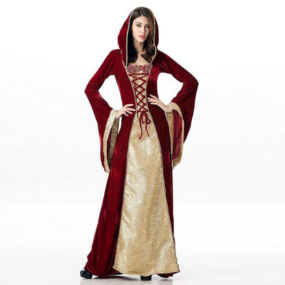 Medieval Lace-Up Hooded Velvet Gown