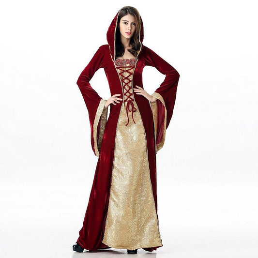 Medieval Lace-Up Hooded Velvet Gown