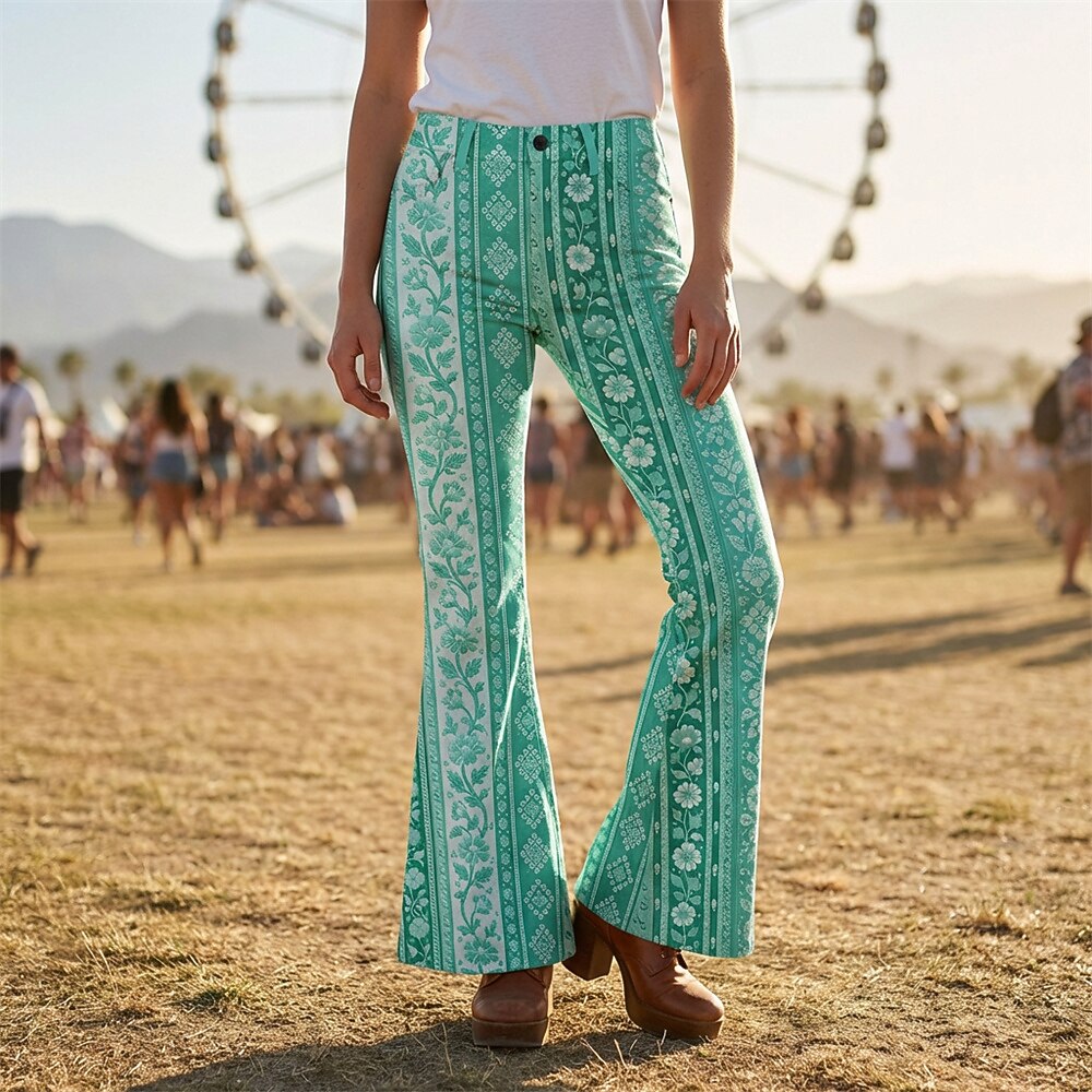 Retro 70s Ethnic Floral Striped High Waist Wide Flared Trousers