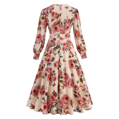 Women's 1950s Pink Rose Floral V-Neck Long Sleeve Flare Dress