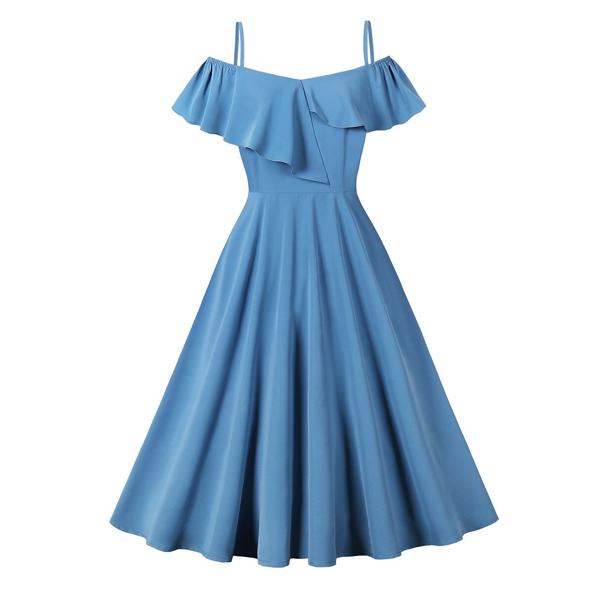 Women's 1950s Off the Shoulder Ruffle A-Line Dress