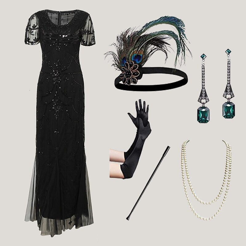 Art Deco Glamour Evening Gown with Accessories Set