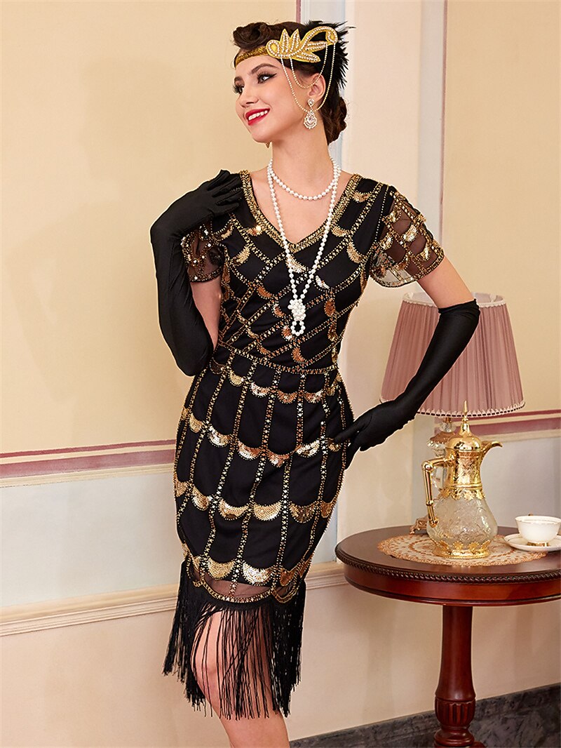 Black Sequin Pattern Flapper Dress