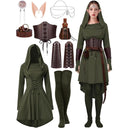 Vestido asimétrico medieval con tocado, corsé y armaduras