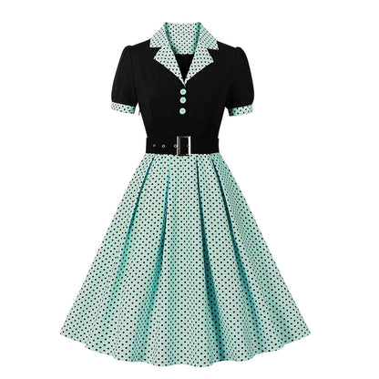 Women's 1950s Polka Dot Patchwork Lapel Collar Belted A-Line Rockabilly Dress