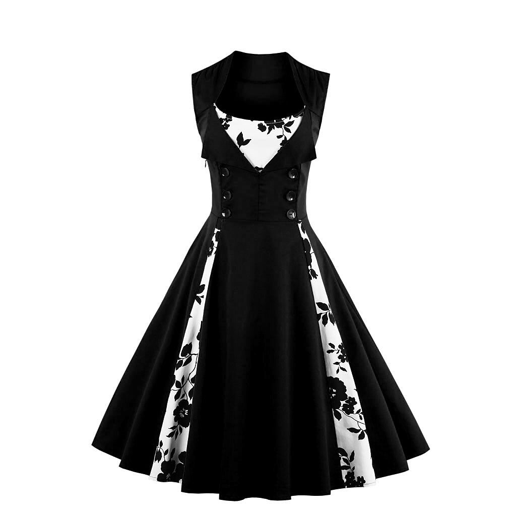 Women's 1950s Floral Patchwork Lapel Collar Sleeveless A-Line Tea Party Dress