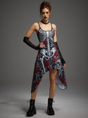Gotisches Halloween-Kleid mit Skelett- und Rosenmotiv sowie High-Low-Schnitt für Damen