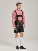 Men's Oktoberfest Lederhosen Costume with Pink Shirt, Hat & Knee Socks Set