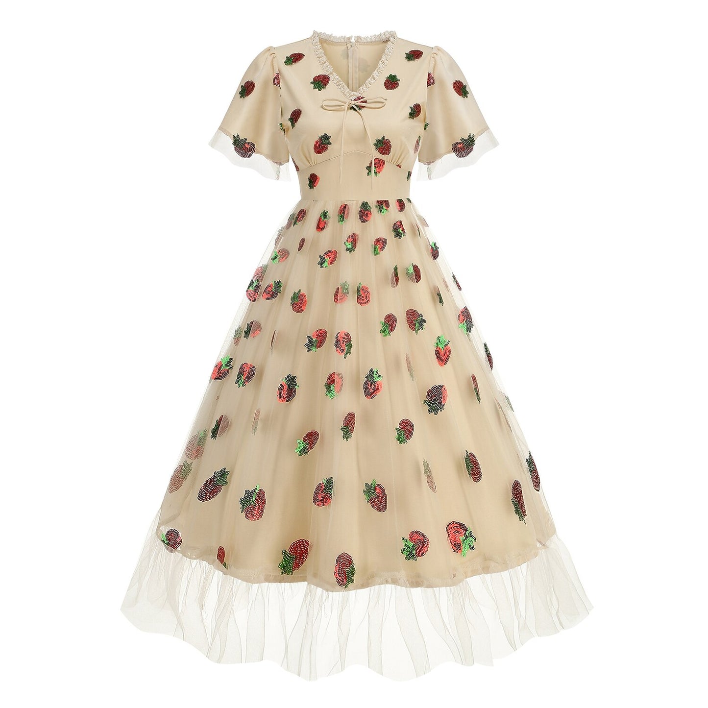 Strawberry Embroidered Mesh Midi Dress