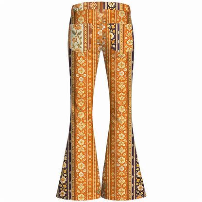 Retro 70s Floral Striped High Waist Wide Flared Trousers
