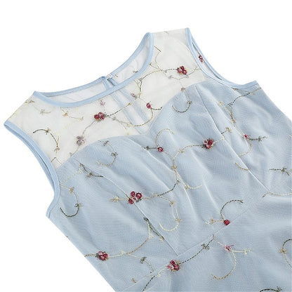 Embroidered Floral Tulle Midi Dress
