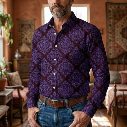 Retro 70S Vintage Ornate Damask Pattern Long Sleeves Collar Shirt