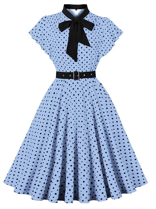 Women's 1950s Polka Dot Bow Tie Neck Short Sleeve A-Line Rockabilly Dress