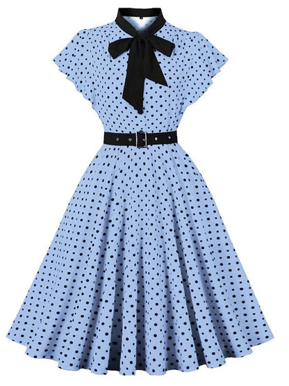 Women's 1950s Polka Dot Bow Tie Neck Short Sleeve A-Line Rockabilly Dress