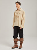 Men's Beige Ruffle Pirate Shirt & Black Pants Costume Set