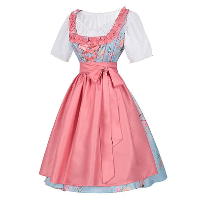 Oktoberfest Pink Floral Dirndl Dress with Apron and Blouse