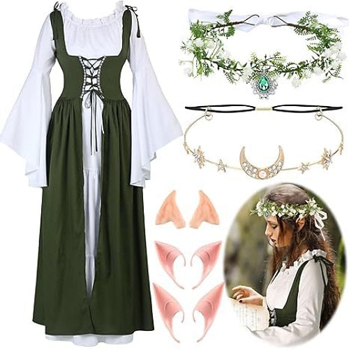 Medieval Fairy Dress Set with Headpiece Ear Accessories