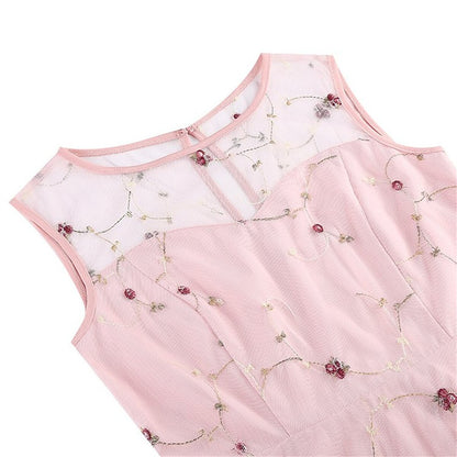 Embroidered Floral Tulle Midi Dress