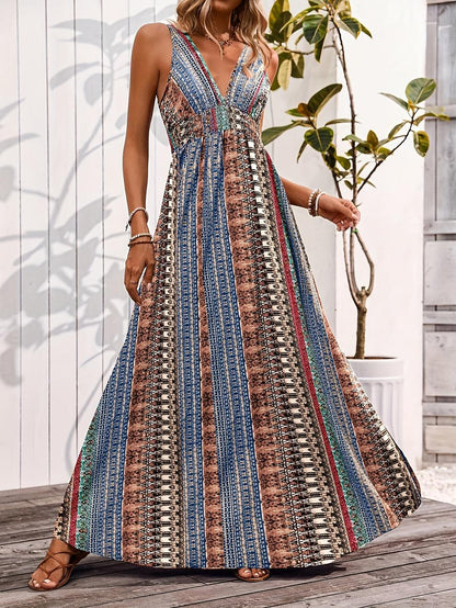 Retro 70s Bohemian Ethnic V-neck Empire Waist Flowy Maxi Dress