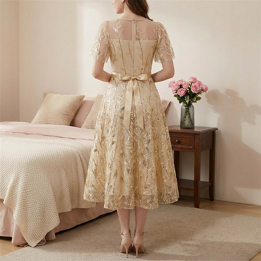 Embroidered Flutter Sleeve Midi Dress