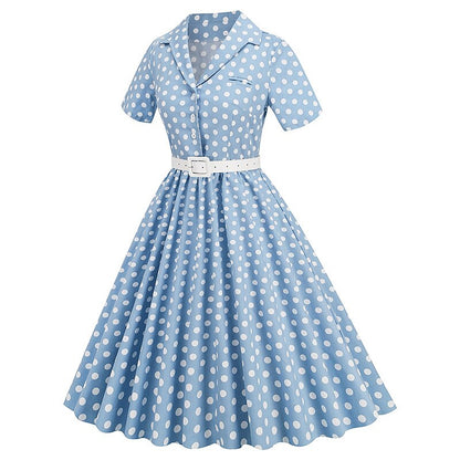 Women's 1950s Polka Dot Lapel Collar Swing Shirt Dress