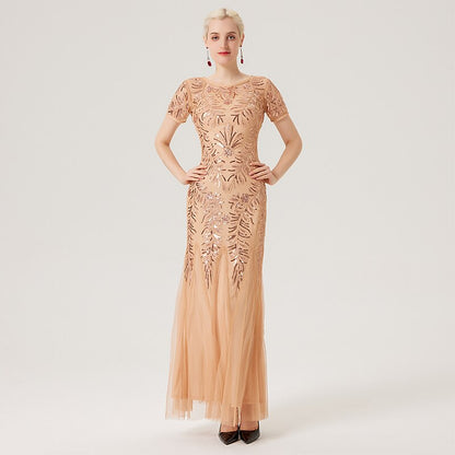 Short Sleeve Sequin Embellished Mesh Gown