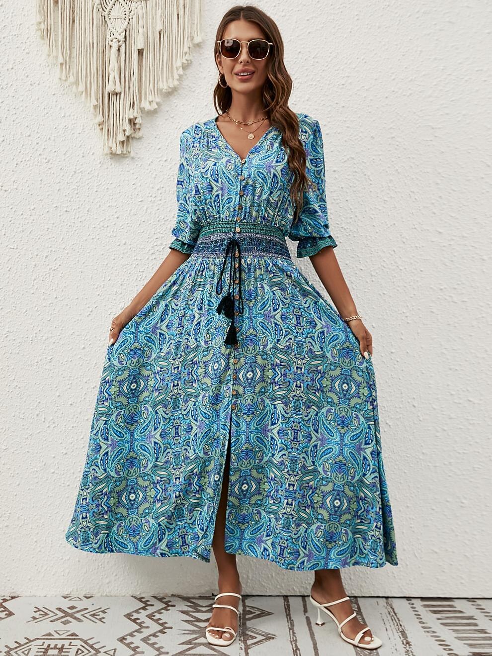 Retro 70s Bohemian Paisley V-neck Smocked Waist Midi Dress