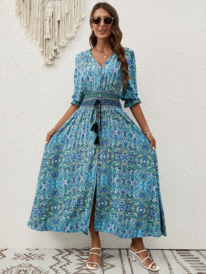Retro 70s Bohemian Paisley V-neck Smocked Waist Midi Dress