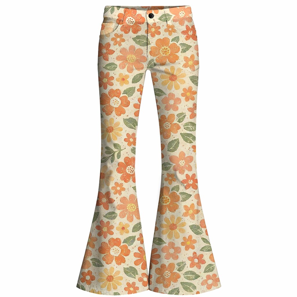 Retro 70s Boho Daisy Floral High Waist Wide Flared Trousers