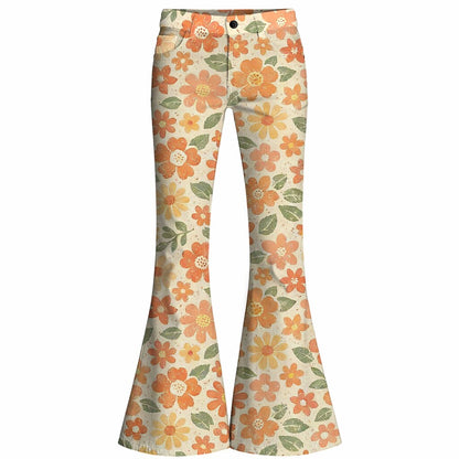 Retro 70s Boho Daisy Floral High Waist Wide Flared Trousers