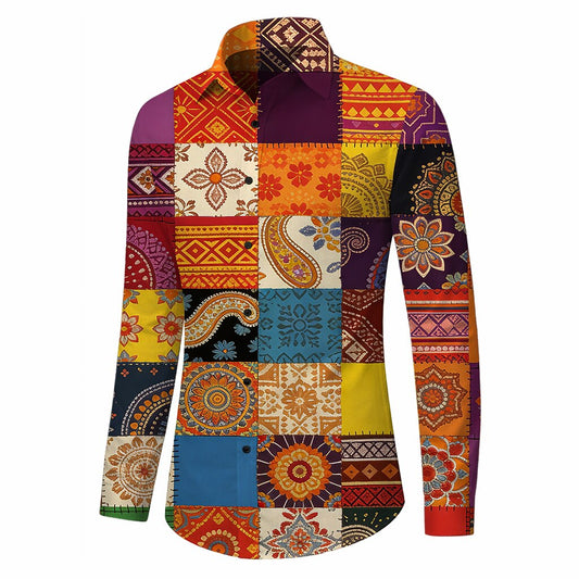 Retro 70S Patchwork Bohemian Long Sleeves Collar Shirt