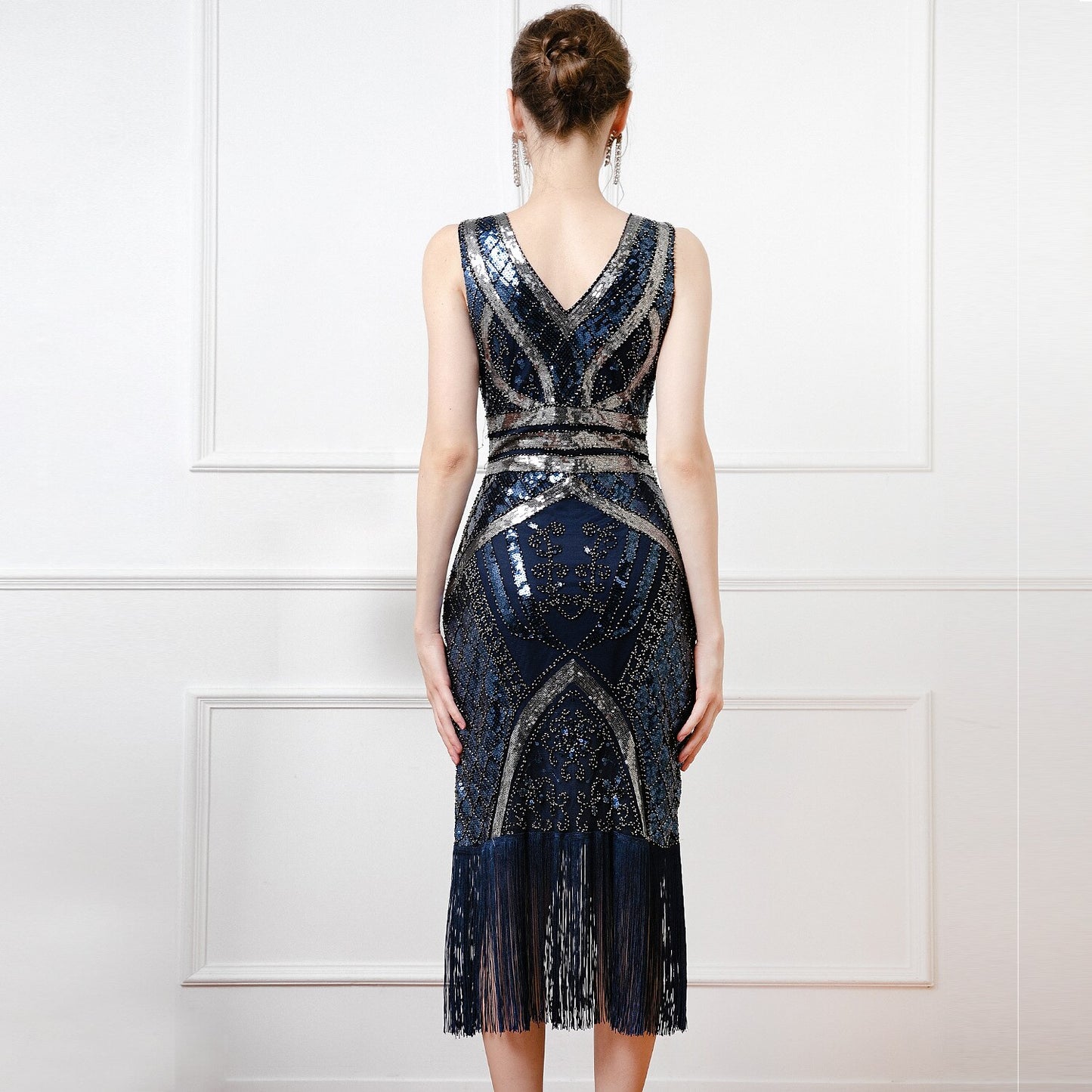Navy Blue 1920s Sequin Fringe Flapper Dress
